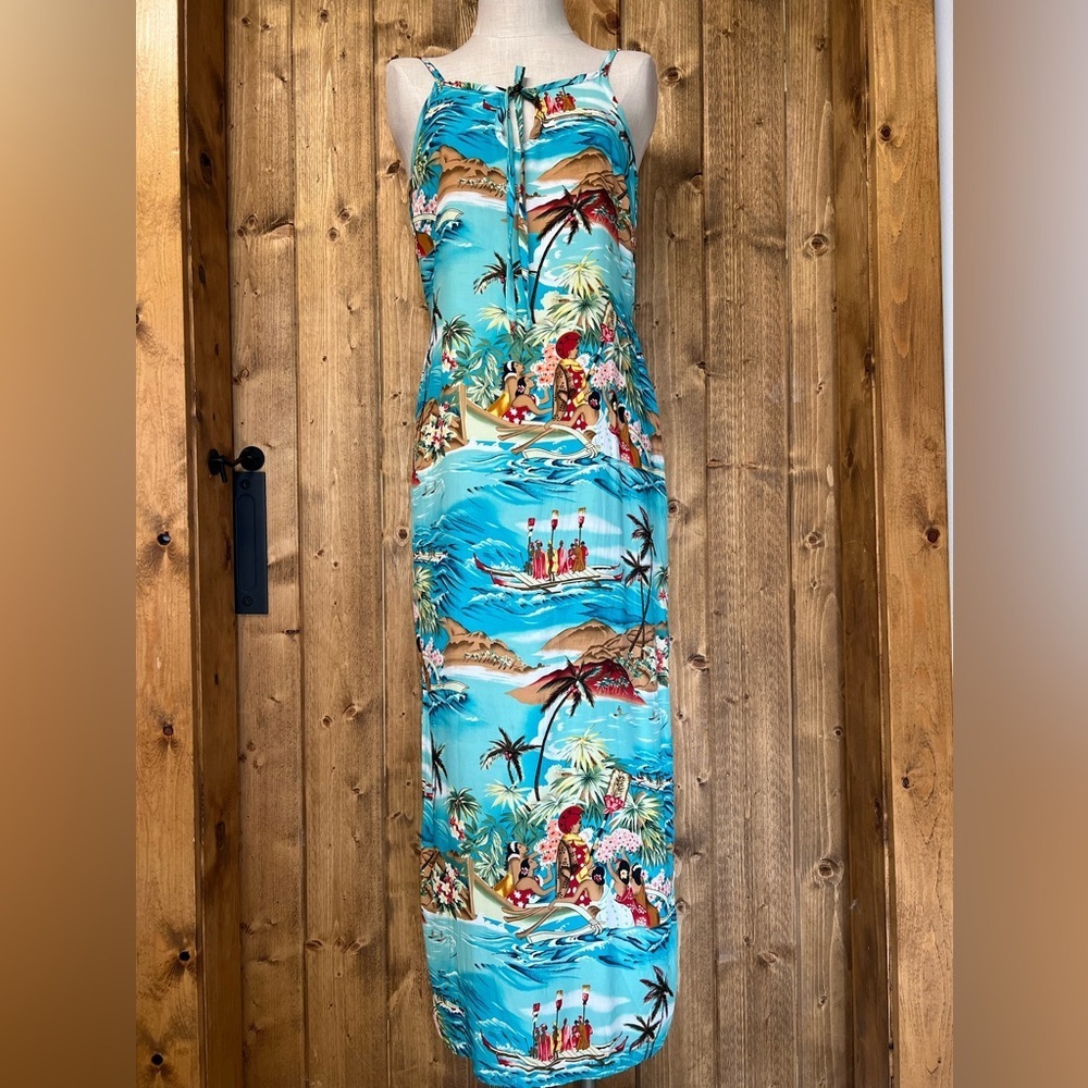 Vintage All That Jazz 11/12 Blue Hawaiian Print Dress Polynesian Resortwear - Picture 2 of 8